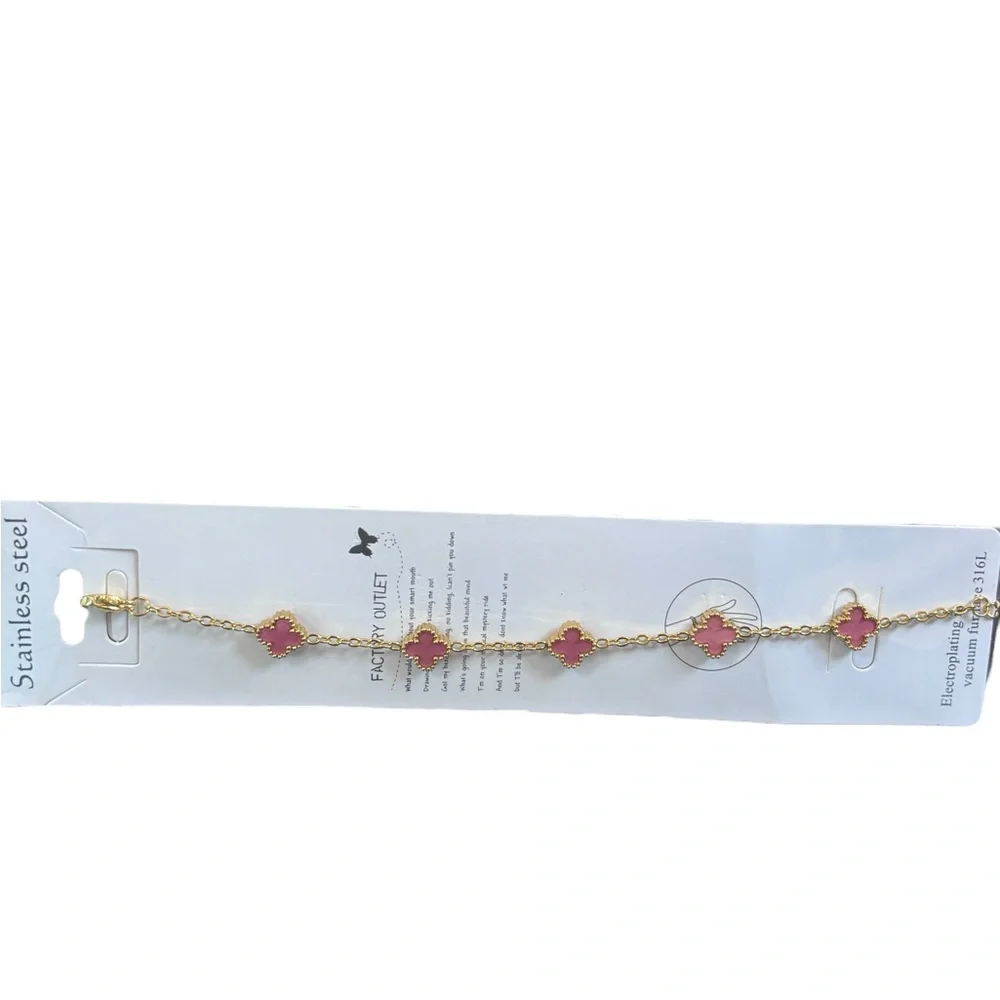 Pink Clover Bracelet Gold Tone Stainless Steel New - Picture 2 of 3